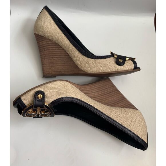 Tory Burch Leticia Peep-Toe Canvas /Leather Wedge Size 8.5 - Picture 5 of 9